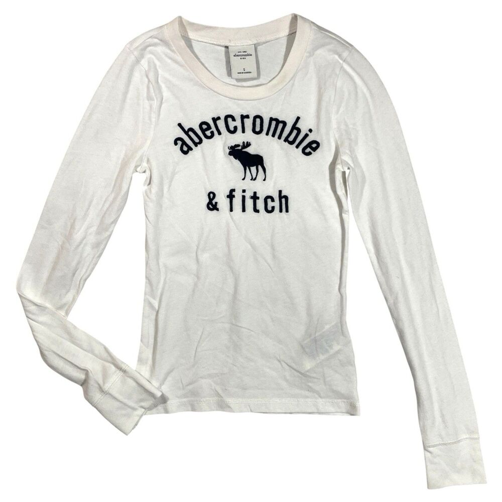 Abercrombie Kids White Long Sleeve Tee Moose Logo On Front Y2k Baby Tee Small